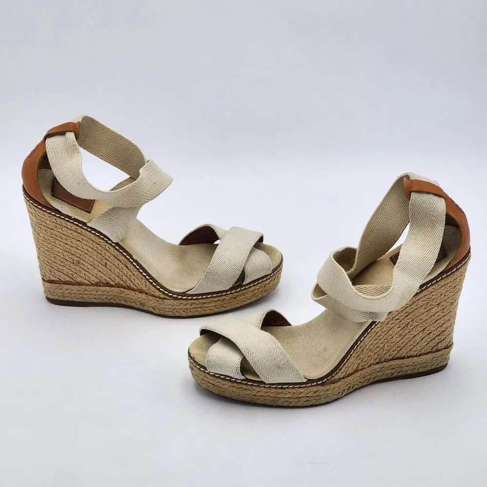 Tory Burch Adonis Espadrille Wedge Platform Heel Sandals Ivory Natural Size 9